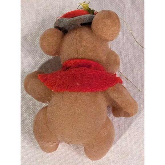 2 Flocked Bears Christmas Ornaments Kitschy Fuzzy Anthropomorphic Teddy Set Vtg - Picture 5 of 12